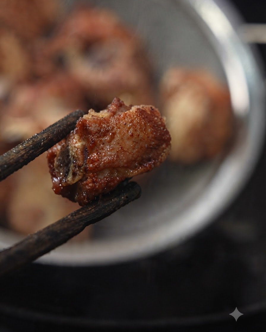 Un trozo de costilla de cerdo frita sostenido por palillos de madera oscuros sobre un colador de acero inoxidable.