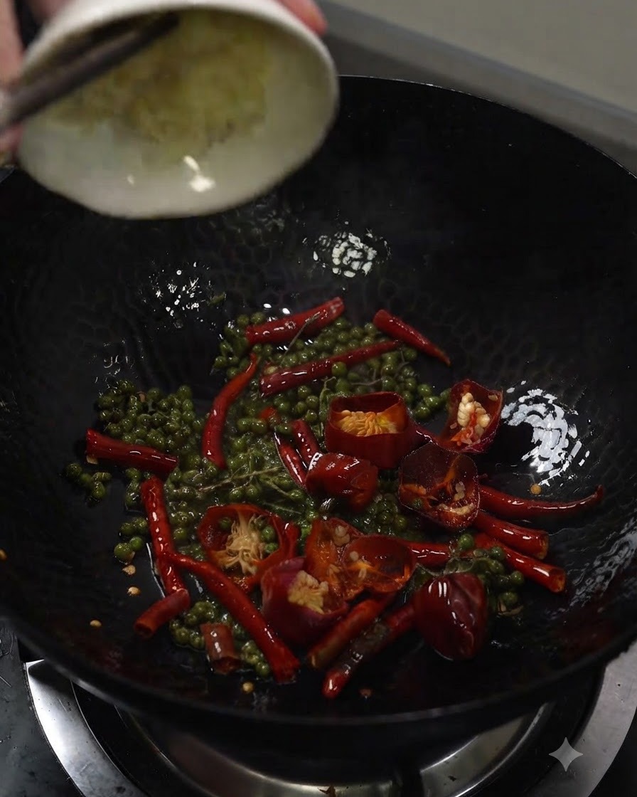 Ajo picado vertiéndose desde un pequeño tazón blanco en un wok que contiene pimienta de Sichuan verde y chiles rojos secos.