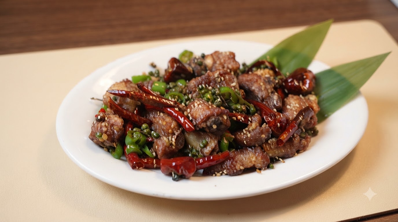 Costillas de cerdo fritas y crujientes mezcladas con pimienta de Sichuan verde y chiles frescos en un plato blanco ovalado.
