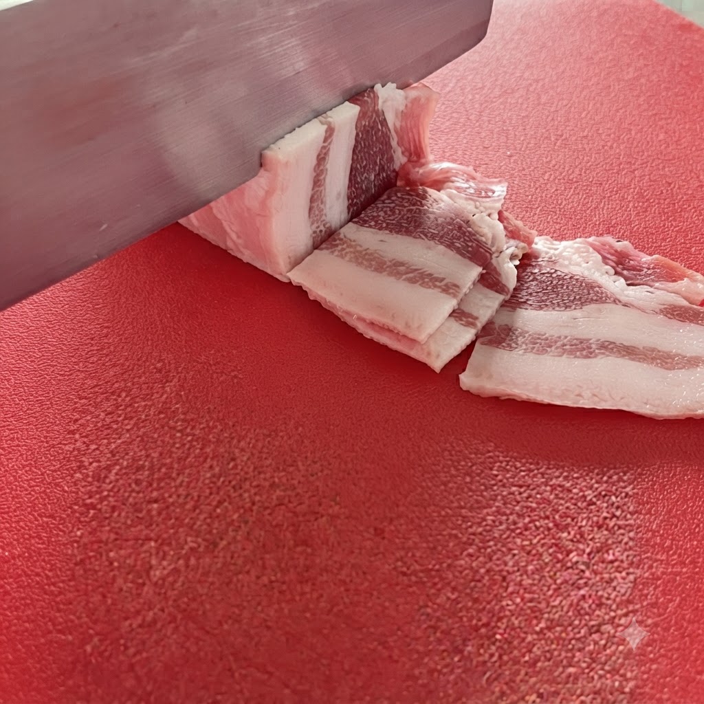 Panceta de cerdo cortada en tiras limpias de 1.5 centímetros en una tabla de cortar roja.