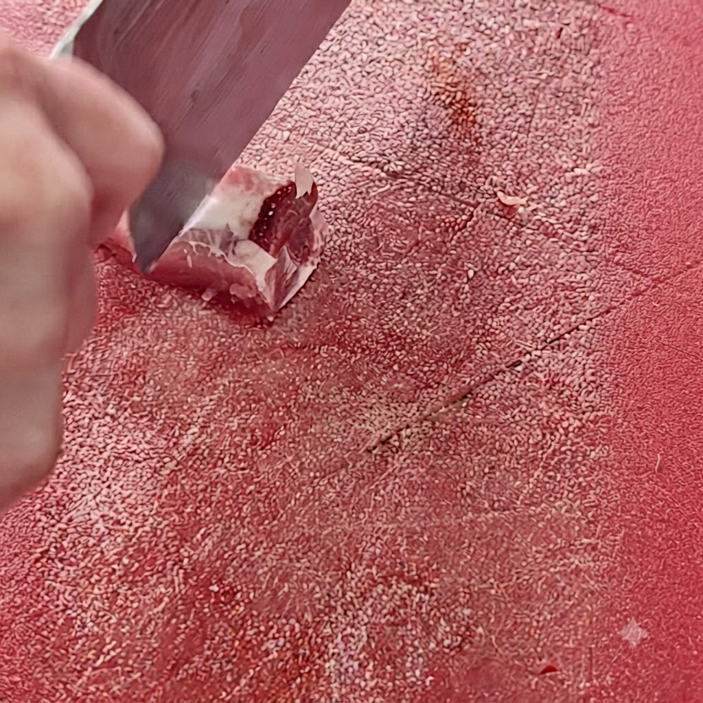 Un cuchillo de cocina cortando costillas de cerdo en trozos pequeños sobre una superficie de corte roja.