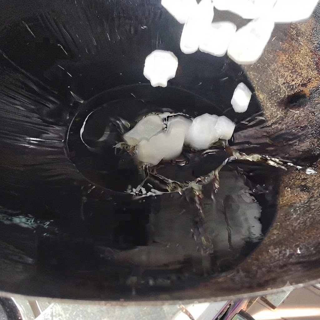 Trozos de azúcar de roca derritiéndose en aceite caliente dentro de un wok siendo removidos con un cucharón de metal.