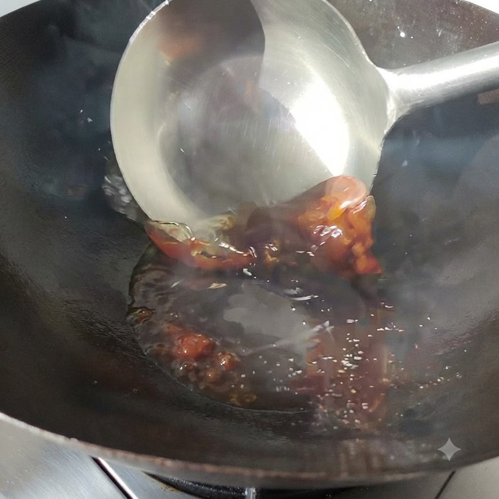 Pasta de frijol chisporroteando en aceite caliente dentro de un wok siendo removida con un cucharón de metal.