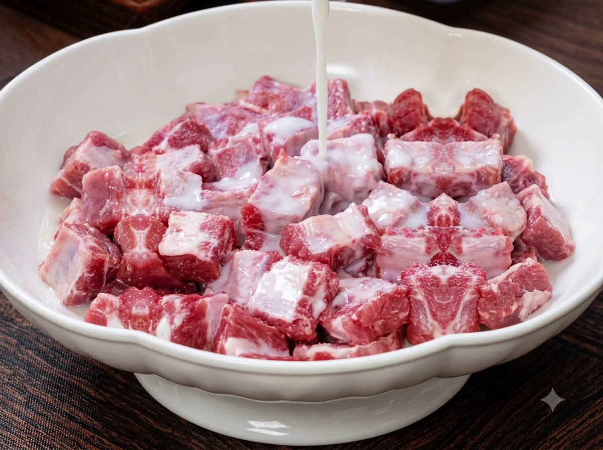 Costillas de cerdo cortadas crudas en un bol blanco siendo espolvoreadas con sal y harina.