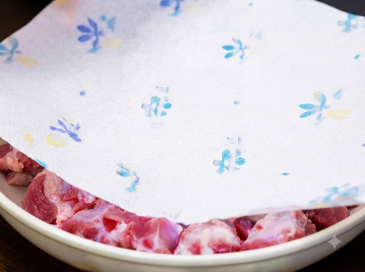 Papel de cocina siendo presionado sobre las costillas de cerdo lavadas para absorber la humedad superficial.