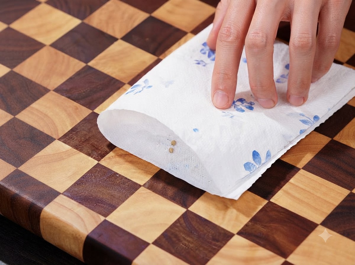 Granos de pimienta blanca envueltos en papel de cocina siendo machacados con la parte trasera de un cuchillo de cocina.
