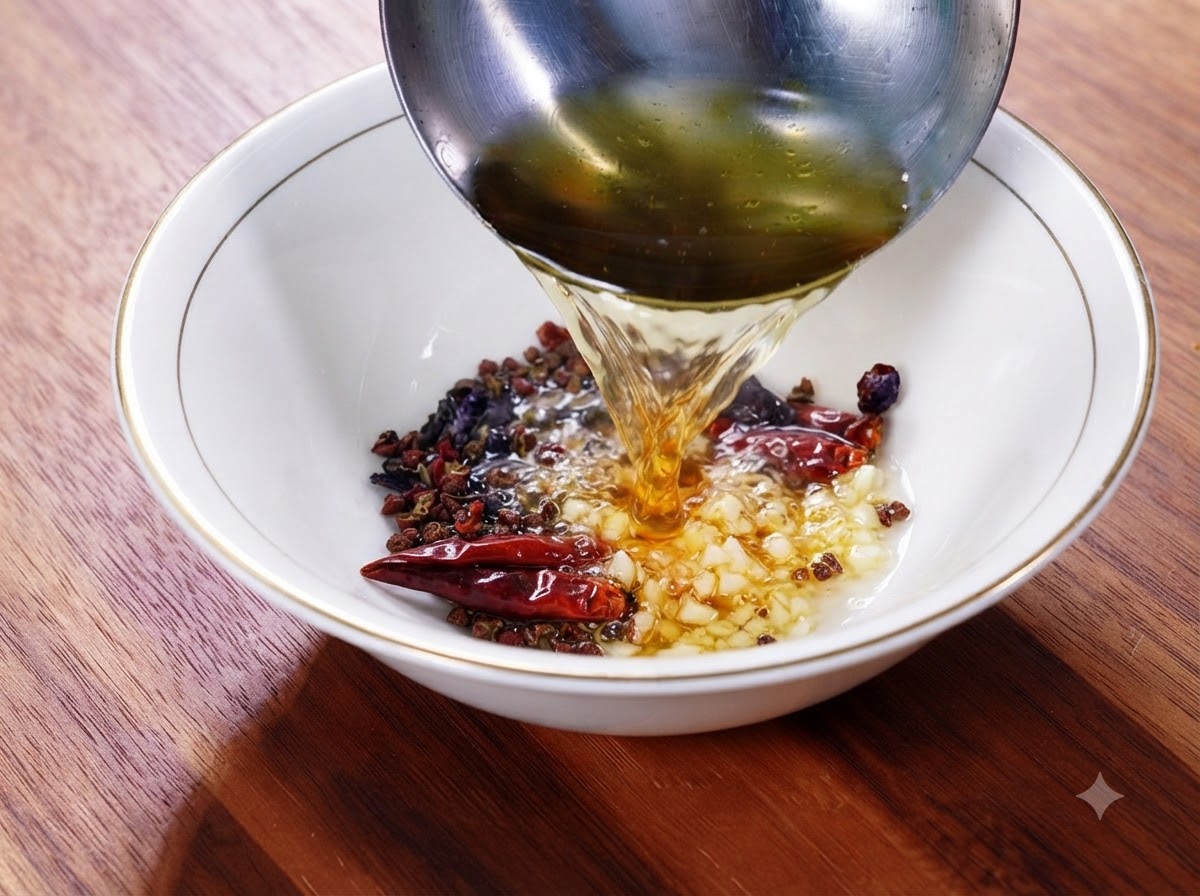 Aceite caliente siendo vertido sobre una mezcla de ajo picado, migajas de pimienta y frijoles negros fermentados en un bol.