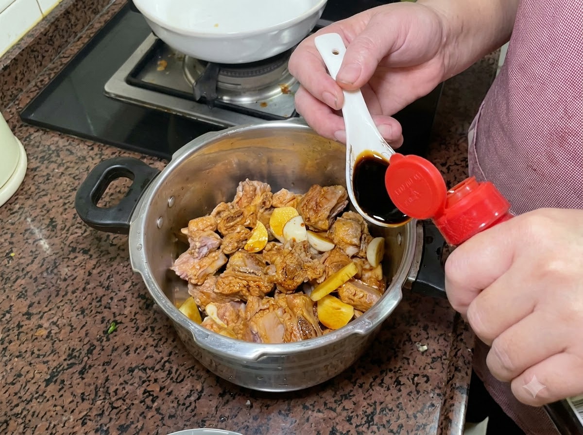 Una cuchara blanca con salsa de soja oscura siendo vaciada en la olla a presión sobre las costillas sazonadas.