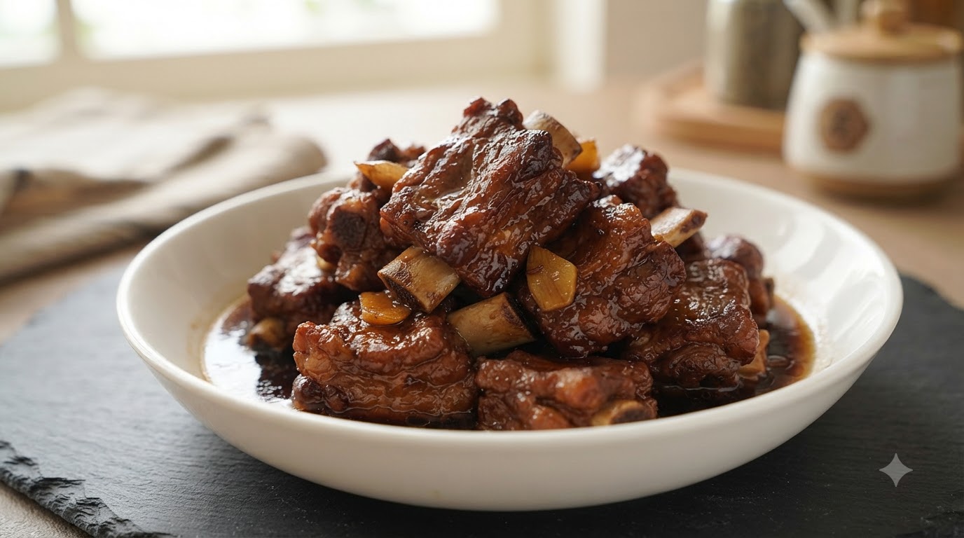 Un bol de tiernas costillas de cerdo estofadas cubiertas con un rico glaseado de soja oscura, servidas con ajo y jengibre.