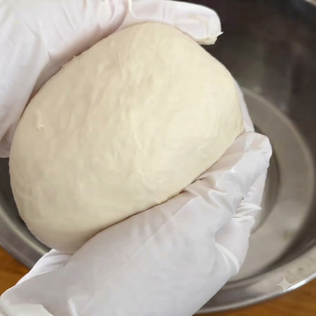 Una mano con guante sosteniendo una bola de masa de pizza sobre un recipiente de acero inoxidable.