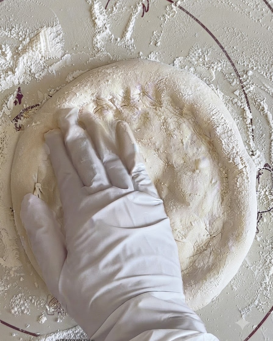 Una mano con guante presionando una bola de masa de pizza fermentada sobre una superficie enharinada.