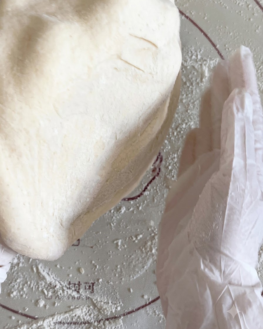 Masa de pizza aplastada siendo manipulada entre las manos sobre un tapete enharinado.