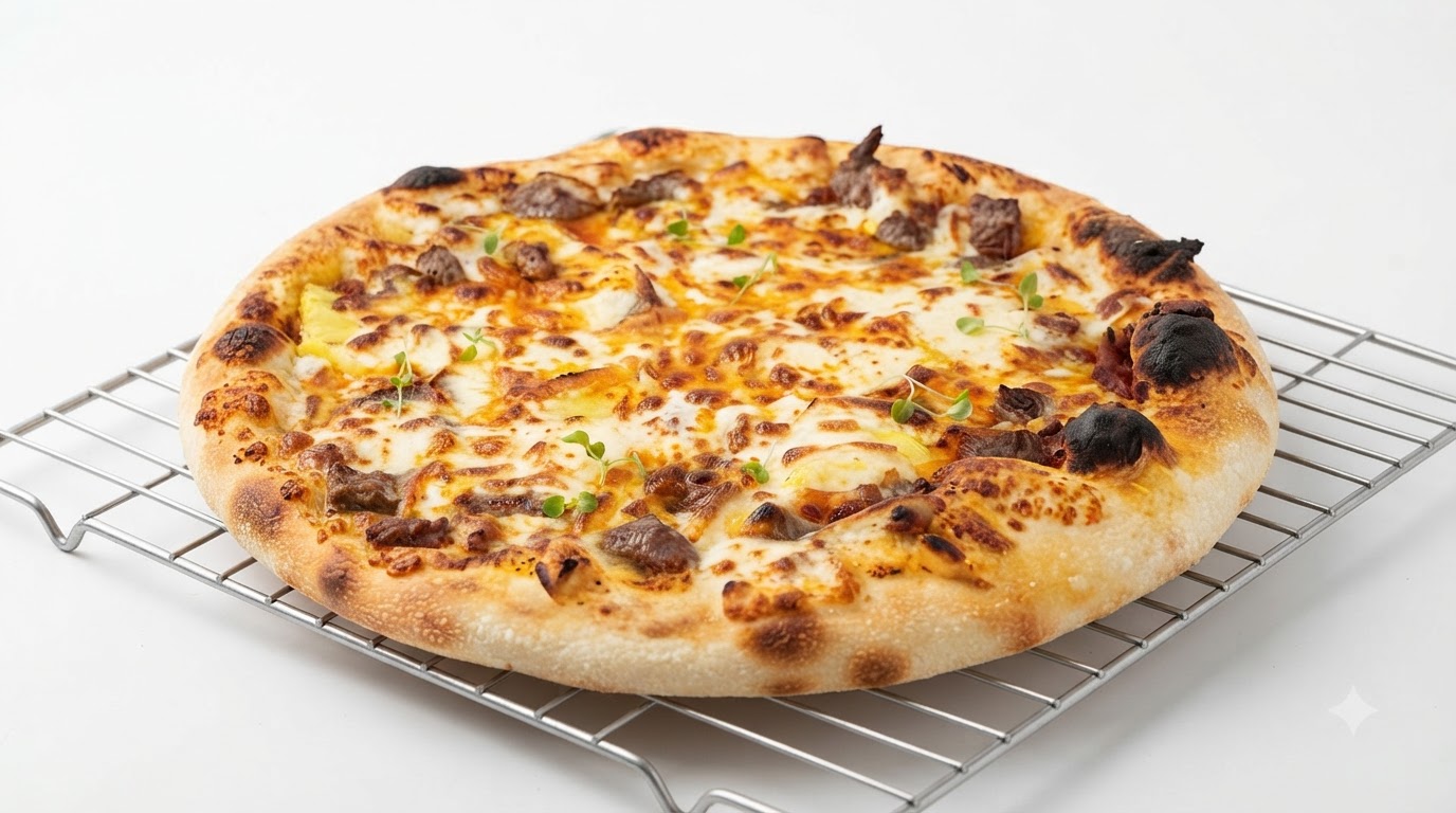 Una pizza recién horneada de ternera y piña sobre una rejilla, destacando su masa crujiente y el queso fundido.