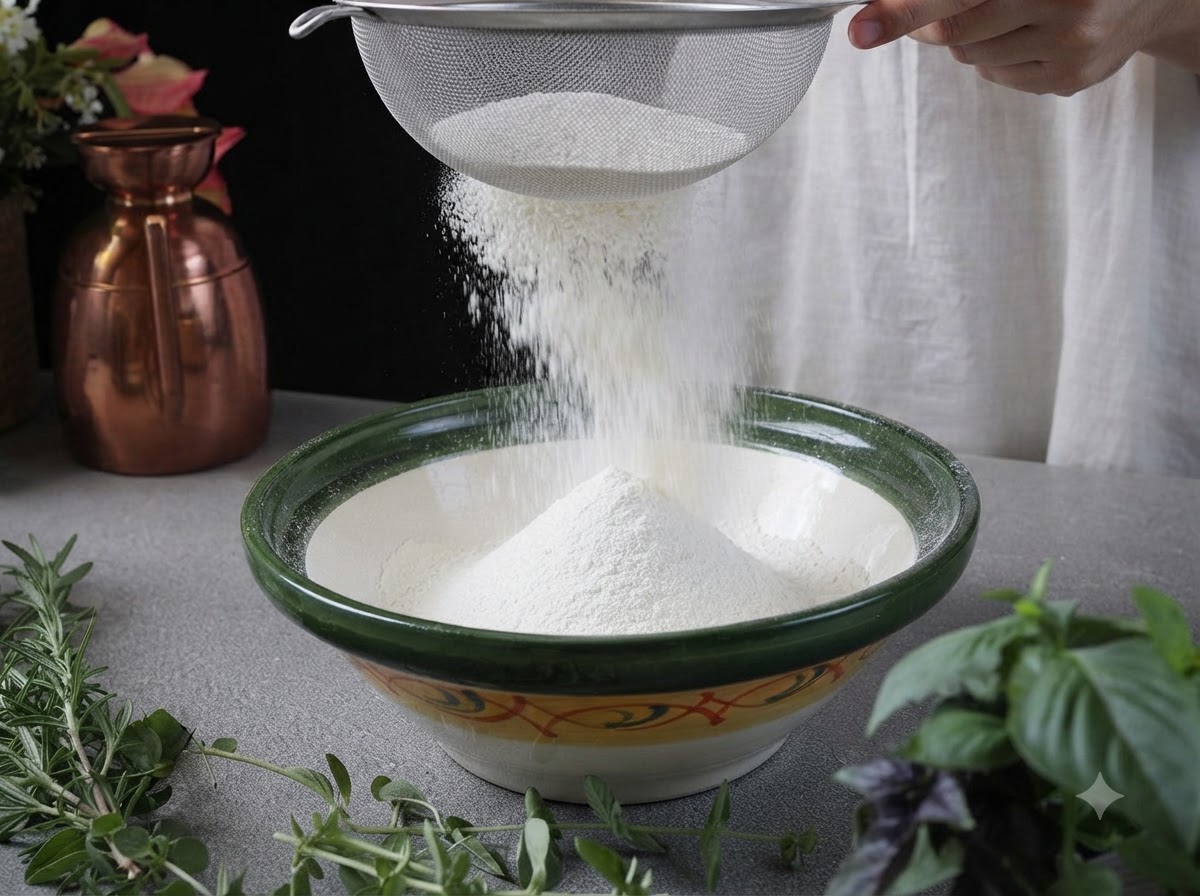 Harina tipo 00 e ingredientes secos siendo tamizados a través de un colador metálico en un tazón grande con borde verde.