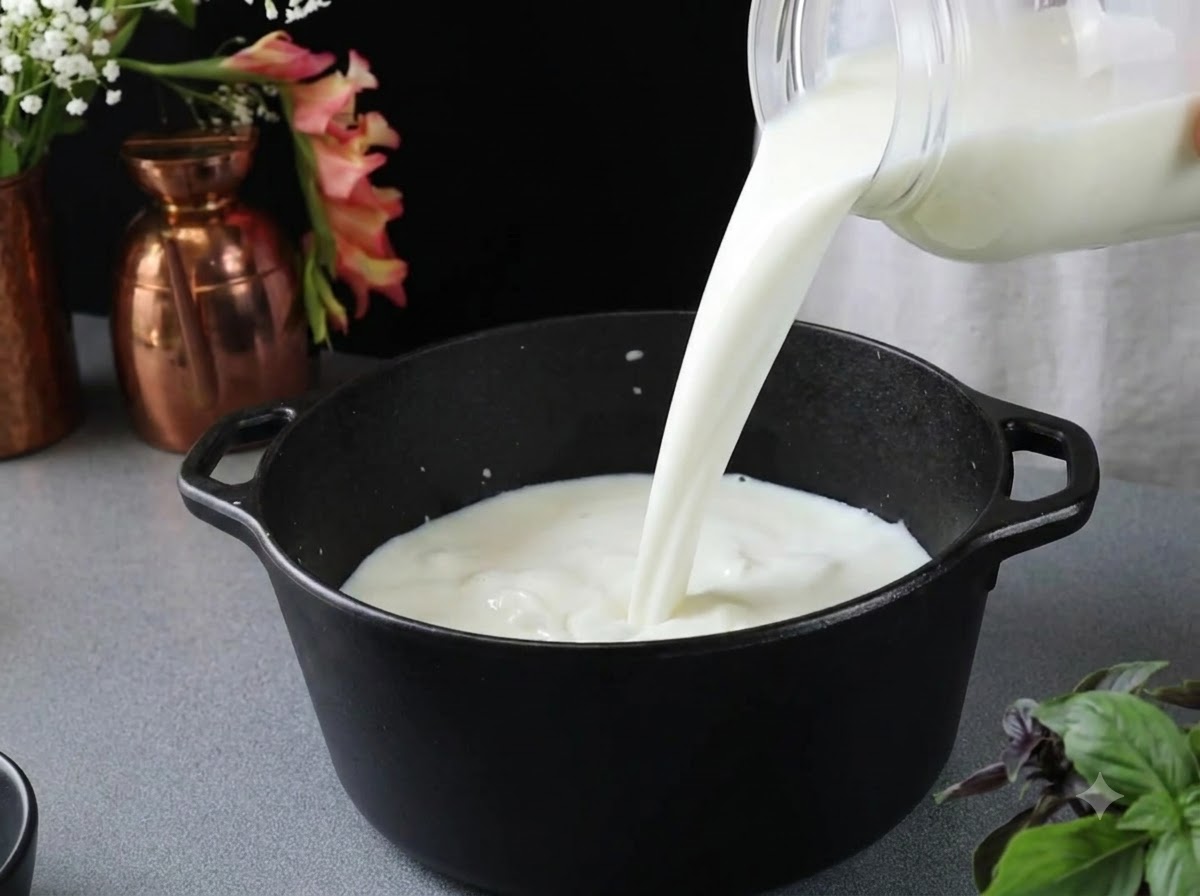 Leche fresca siendo vertida desde un recipiente de plástico transparente en una olla de hierro fundido negro.