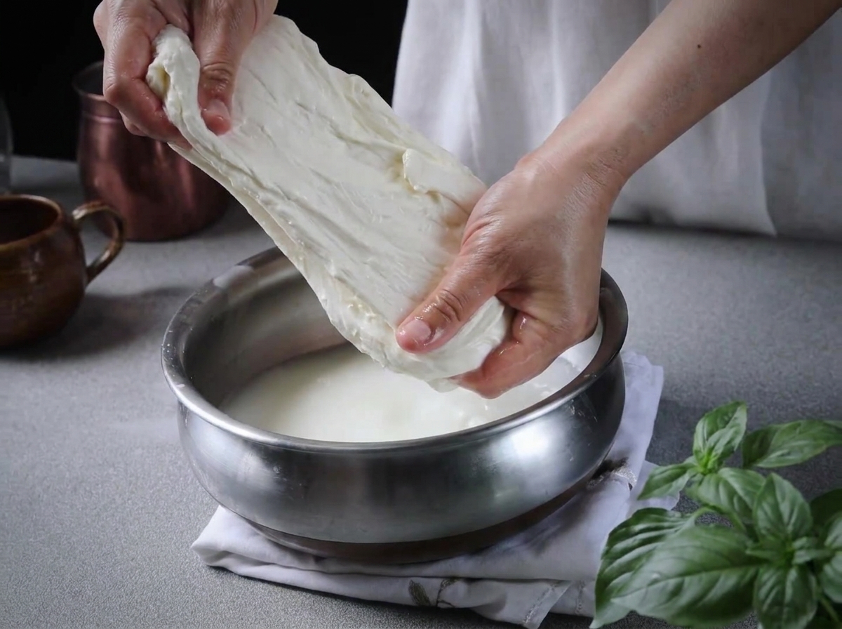 Manos estirando y tirando de un trozo de cuajada de mozzarella blanca dentro de un tazón de metal con agua.