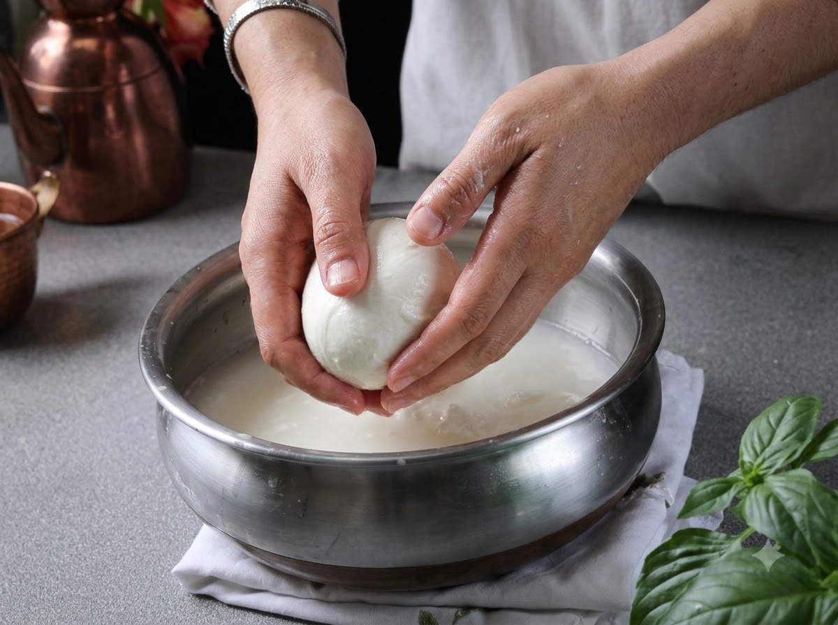 Manos formando una esfera lisa de queso mozzarella fresco sumergida en un tazón de metal con agua.