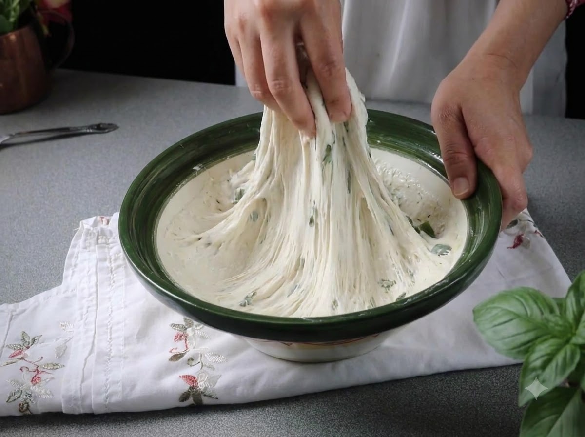 Manos tirando y estirando masa de pizza fermentada y pegajosa hacia arriba desde el interior de un tazón con borde verde.