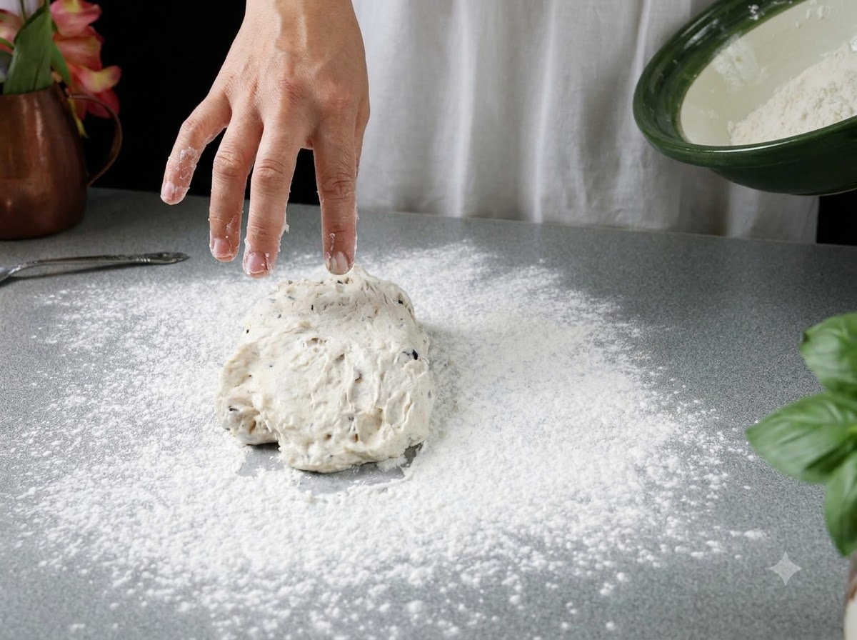 Una mano cerniéndose sobre un montón de masa de pizza que reposa en una encimera gris enharinada.