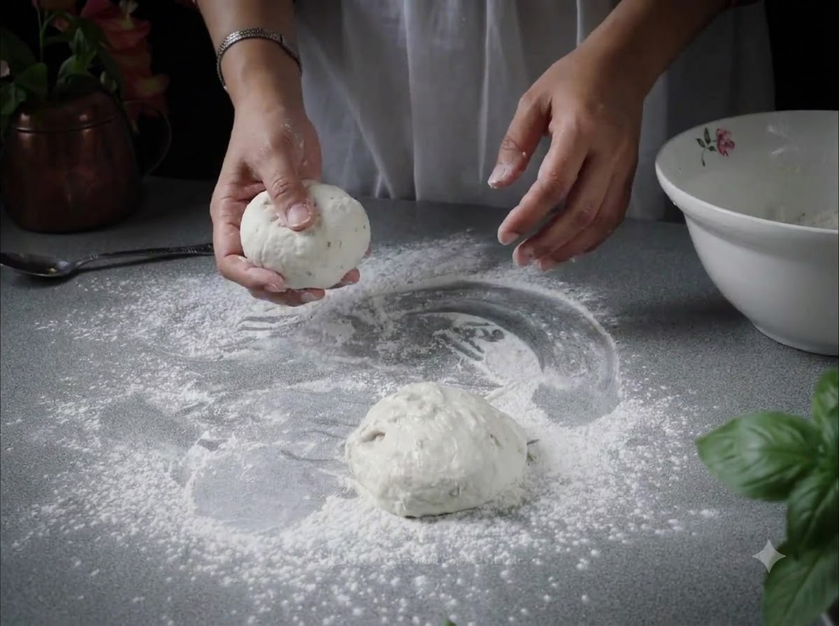 Manos sosteniendo una bola de masa de pizza redonda y moldeada junto a otra bola de masa en una superficie enharinada.