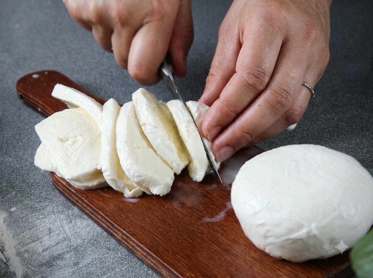 Un cuchillo cortando a través de una bola de queso mozzarella fresco en una tabla de cortar de madera, con varias rodajas ya cortadas.