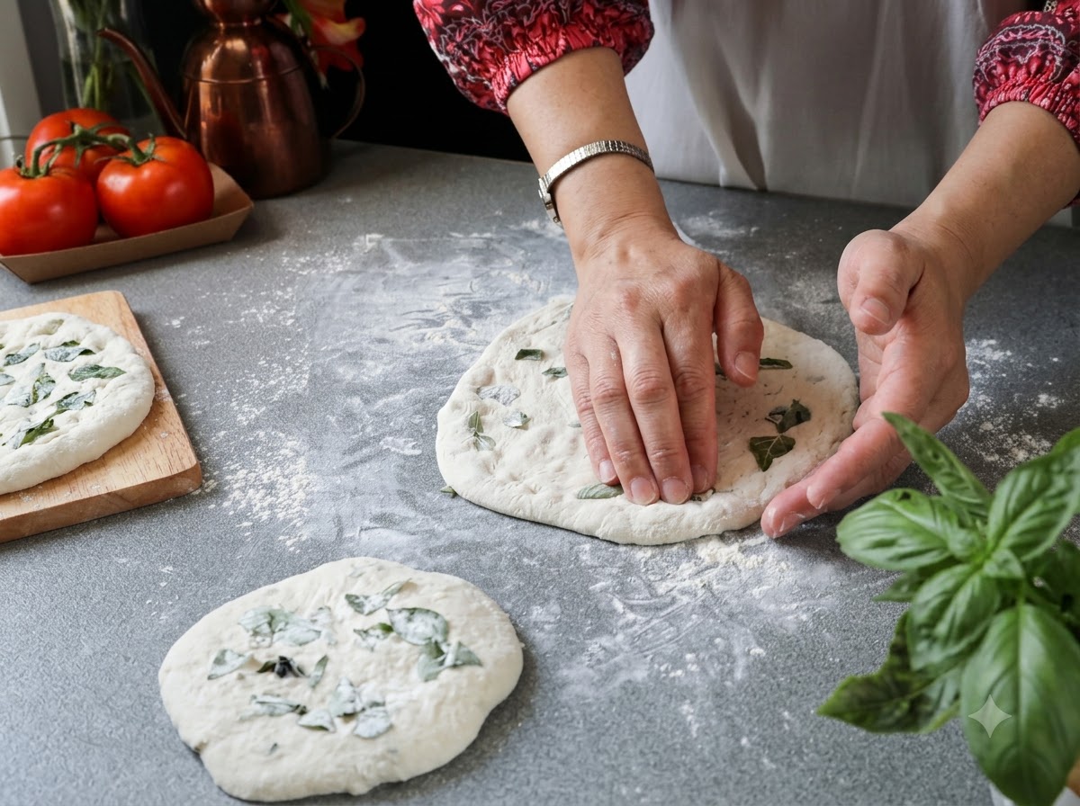 Manos estirando un disco redondo de masa de pizza en una superficie enharinada rodeada de hojas de albahaca fresca.