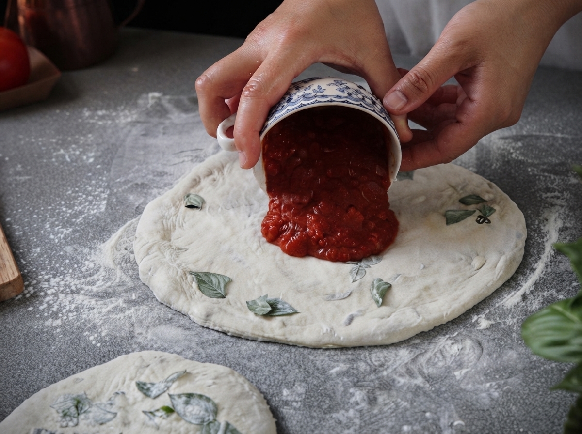 Salsa de tomate roja y espesa siendo vaciada desde un tazón pequeño decorado hacia el centro de una masa de pizza plana.