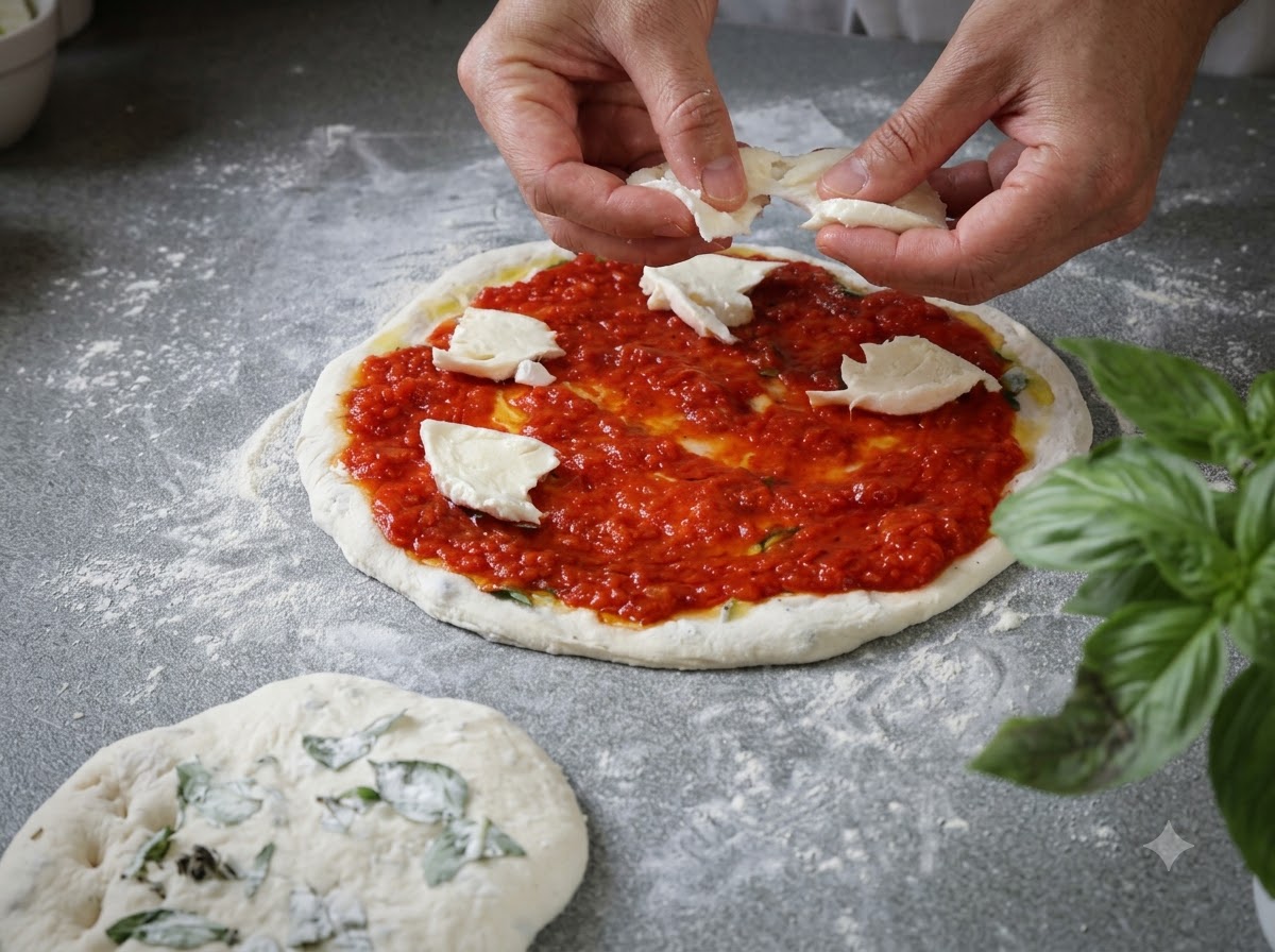 Manos desgarrando y colocando trozos blancos de queso mozzarella fresco sobre la salsa de tomate roja en la masa de pizza cruda.
