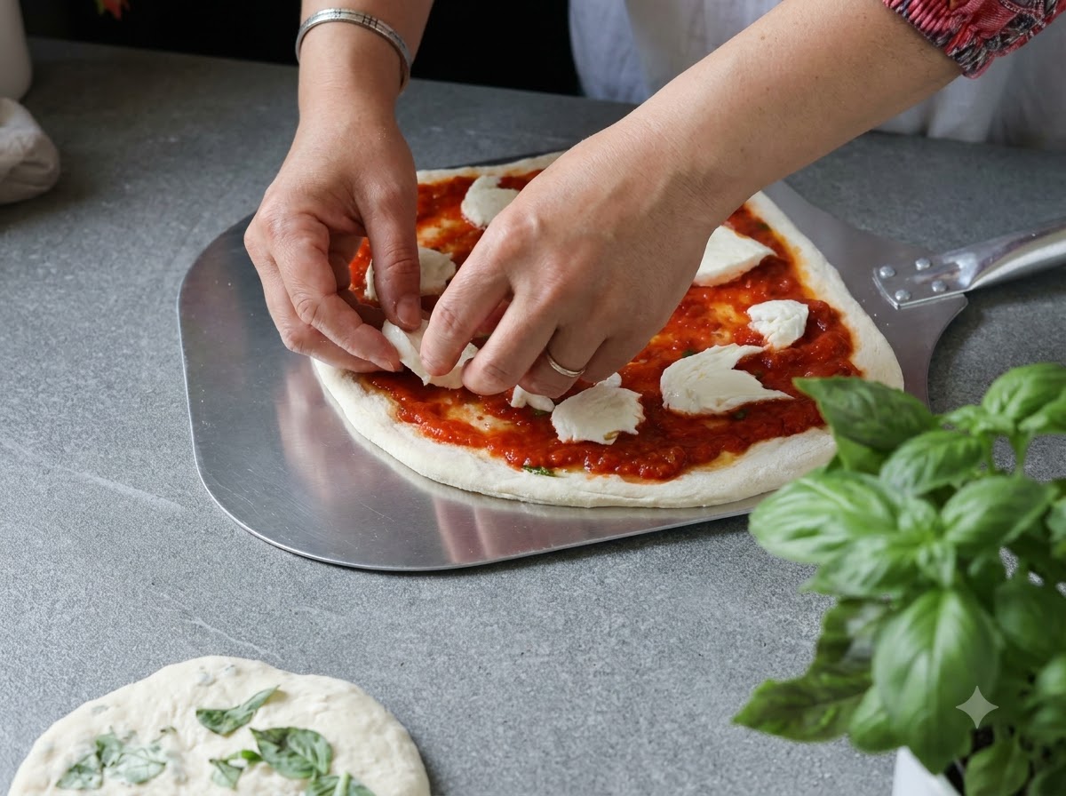 Manos posicionando una pizza cruda preparada sobre una pala de metal grande en una encimera de cocina.