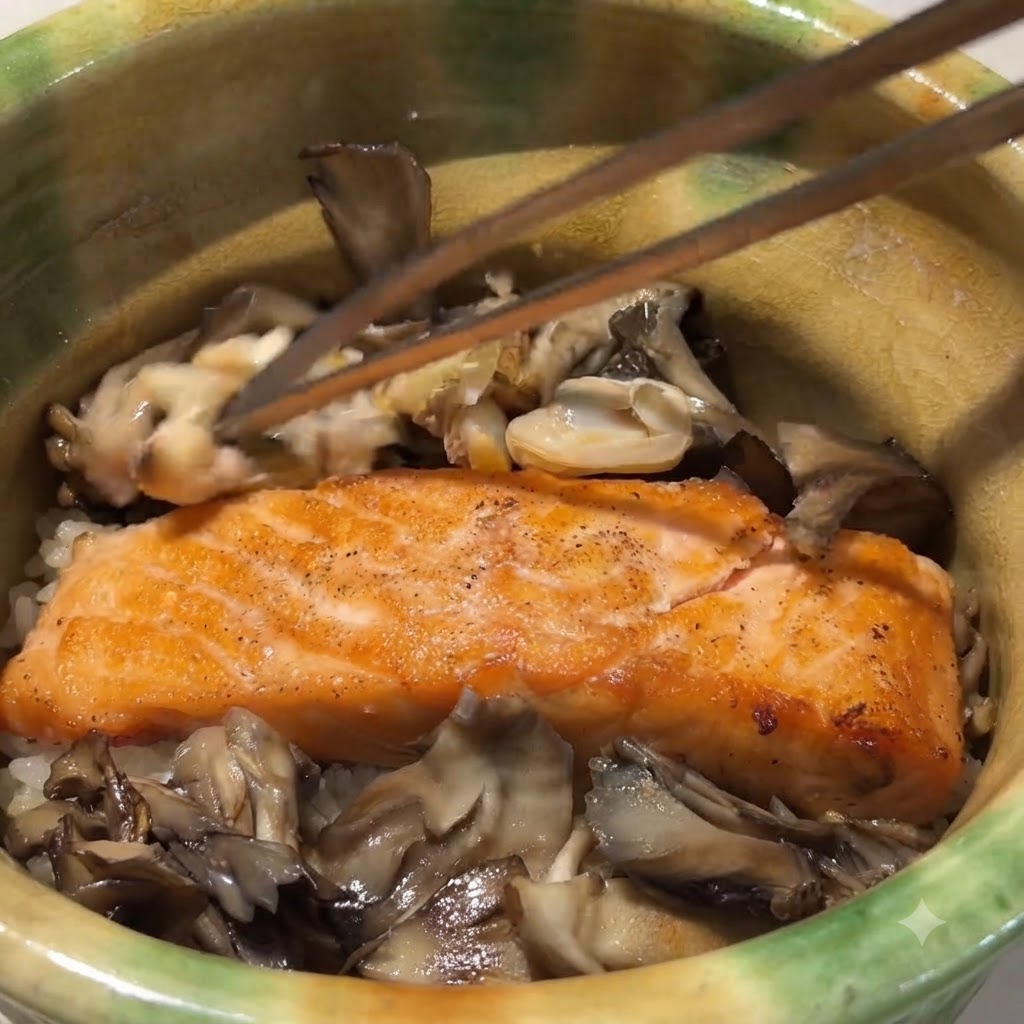 Carne de almeja sin concha y brotes de apio verdes siendo dispuestos sobre el plato con palillos.