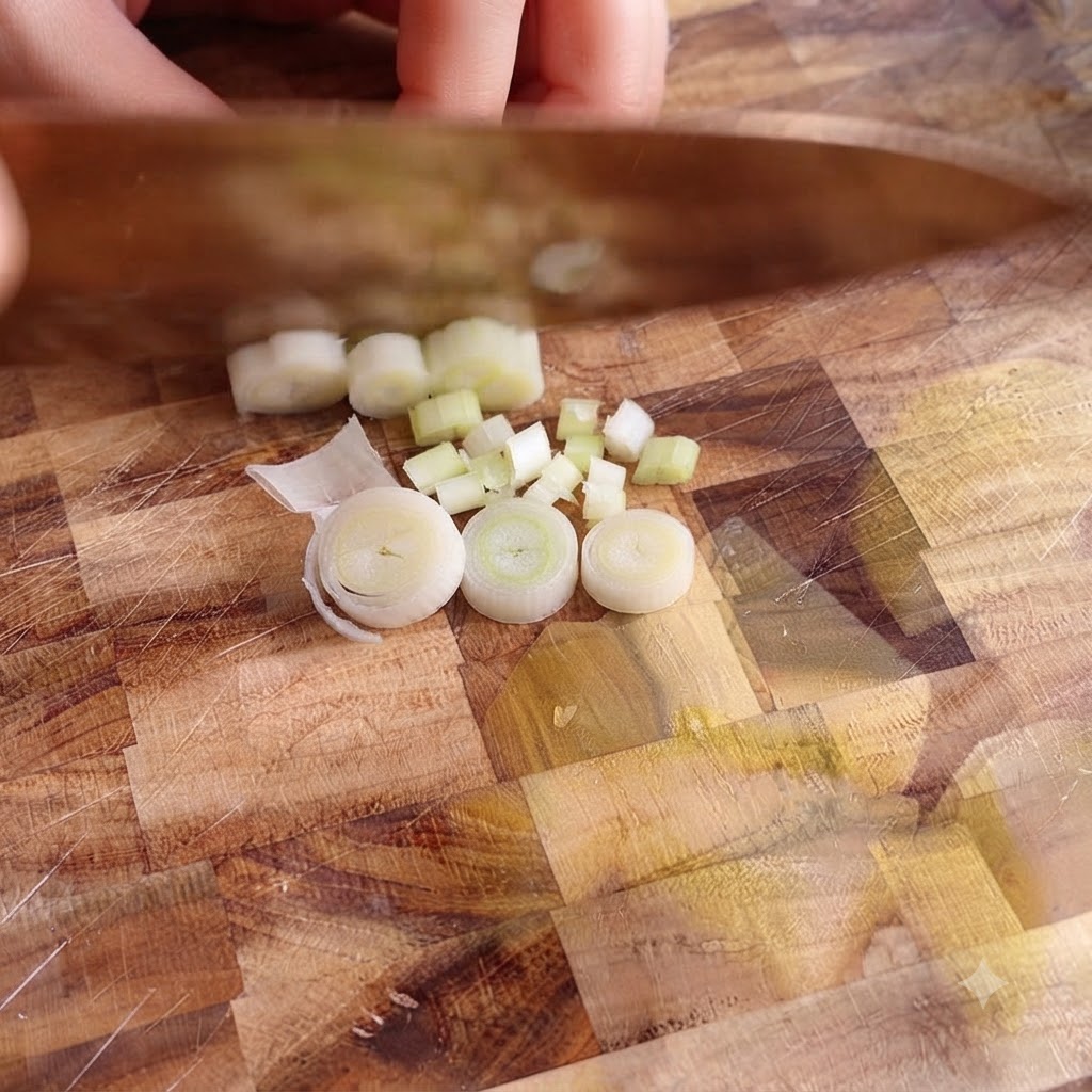 Un cuchillo de chef cortando patatas peladas en una tabla de cortar de madera en cubos del tamaño de un bocado.
