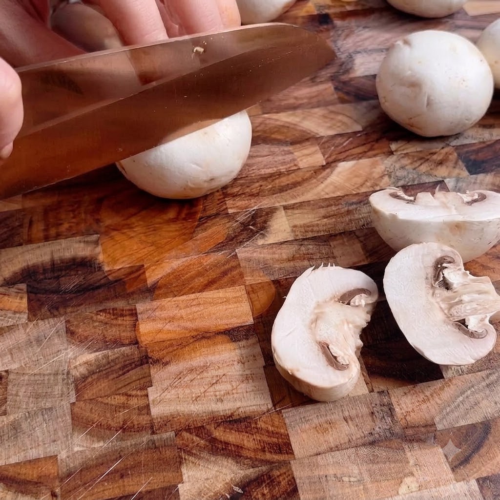 Champiñones blancos frescos en rodajas sobre una tabla de cortar de madera.