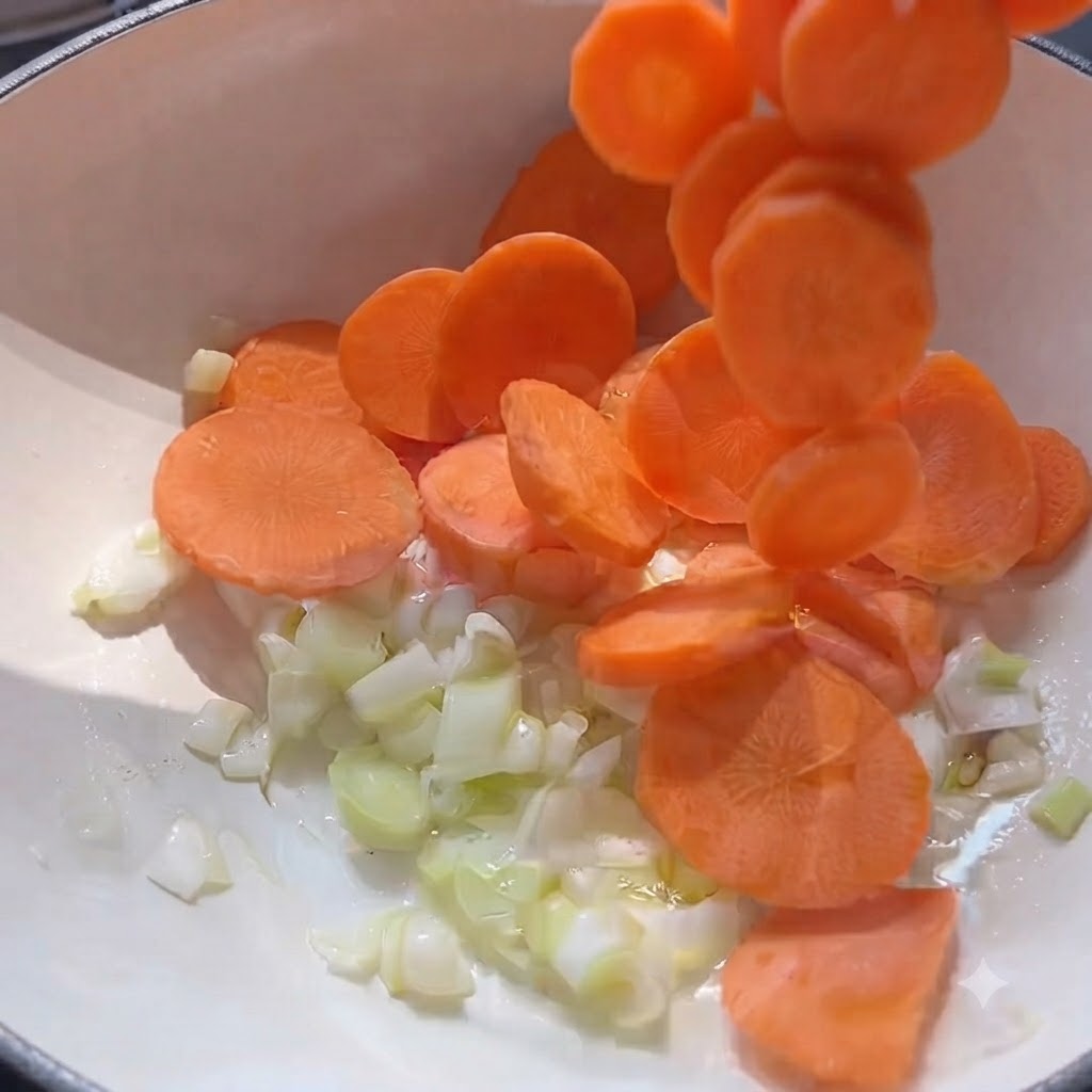 Rodajas de zanahoria de color naranja brillante cayendo en una olla que contiene puerros salteados y aceite caliente.