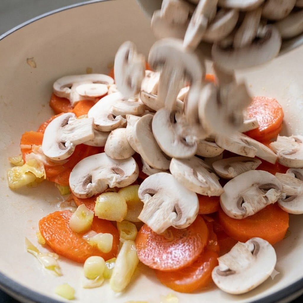Rodajas de champiñones blancos frescos siendo vertidas desde un tazón en una olla de cocción llena de rodajas de zanahoria y aromáticos.
