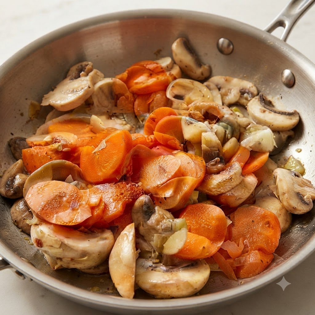 Patatas y zanahorias siendo revueltas juntas dentro de una sartén de cocción.
