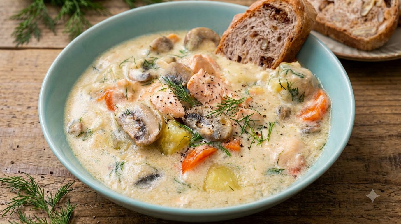 Un plato de sopa cremosa de salmón lleno de tiernos trozos de salmón, patatas doradas, zanahorias en rodajas, champiñones y eneldo fresco.