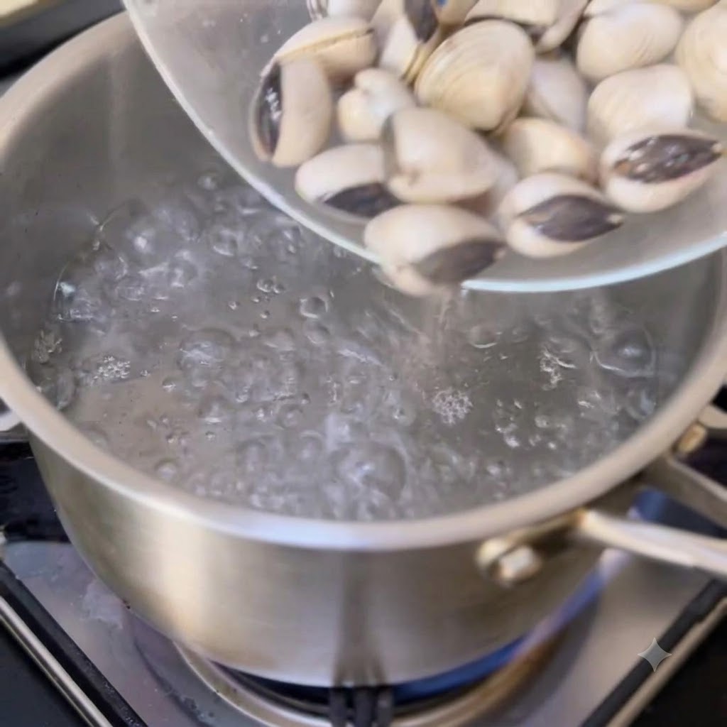 Almejas agregándose a agua hirviendo en una olla de metal.