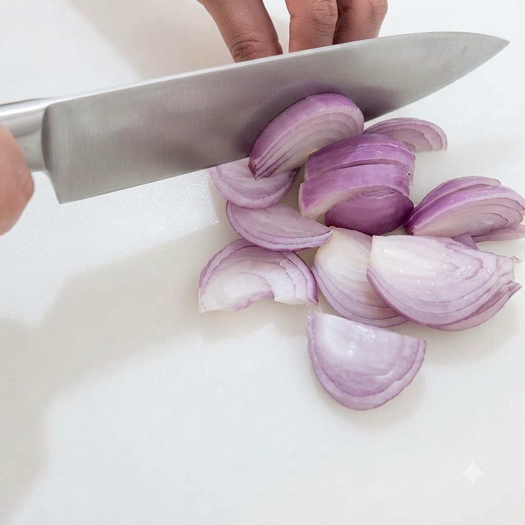 Manos usando un cuchillo de chef para cortar y trocear expertamente una cebolla morada partida por la mitad en trozos pequeños sobre una tabla de cortar limpia y blanca.