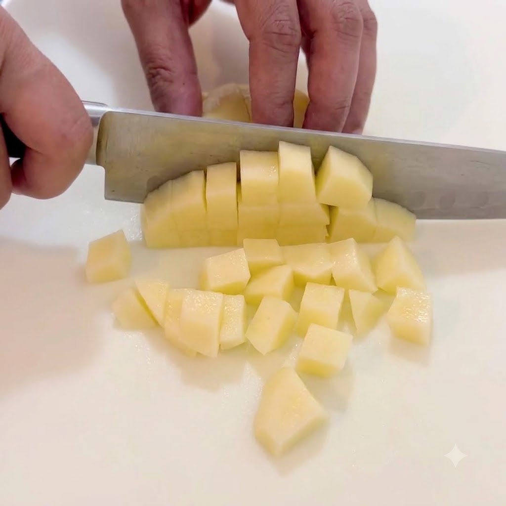 Un chef cortando una patata pelada en cubos pequeños y uniformes sobre una tabla de cortar blanca.