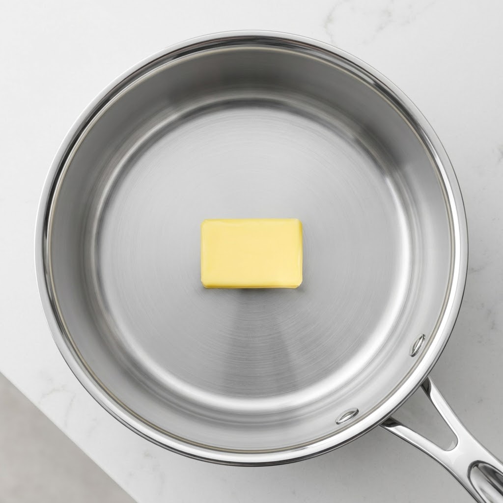Un solo bloque rectangular de mantequilla derritiéndose dentro de una olla de acero inoxidable.