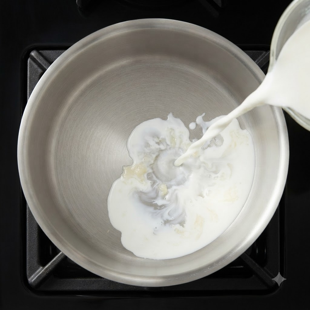 Leche y crema de leche siendo vertidas desde una taza medidora de vidrio en una olla.