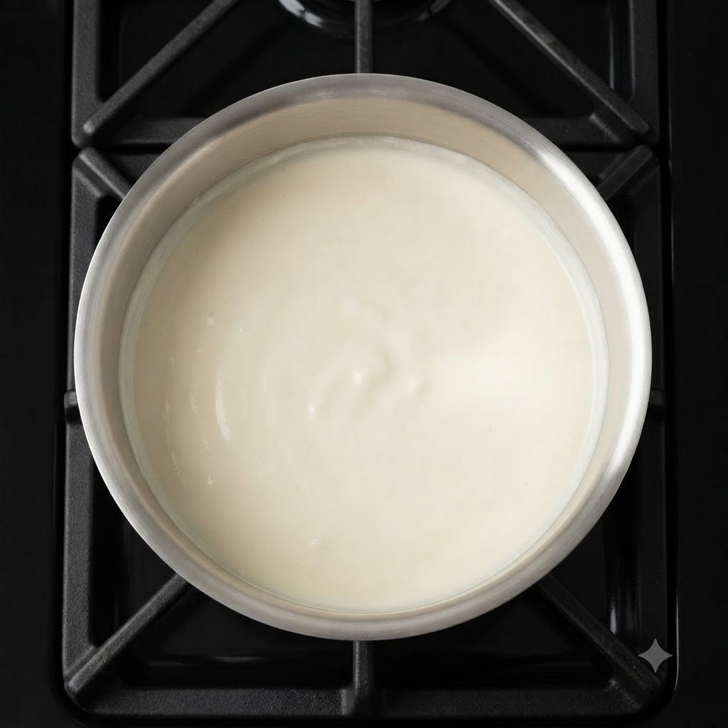 Una vista superior de una cacerola llena de una mezcla de crema blanca espesa y suave.