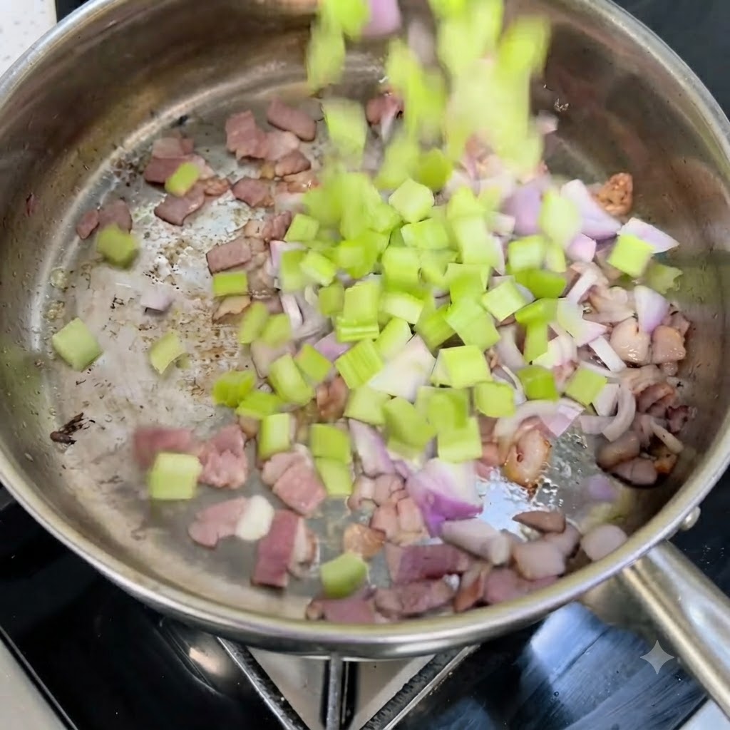 Apio y cebollas rojas picados cayendo en una sartén caliente con trozos de tocino crujiente.