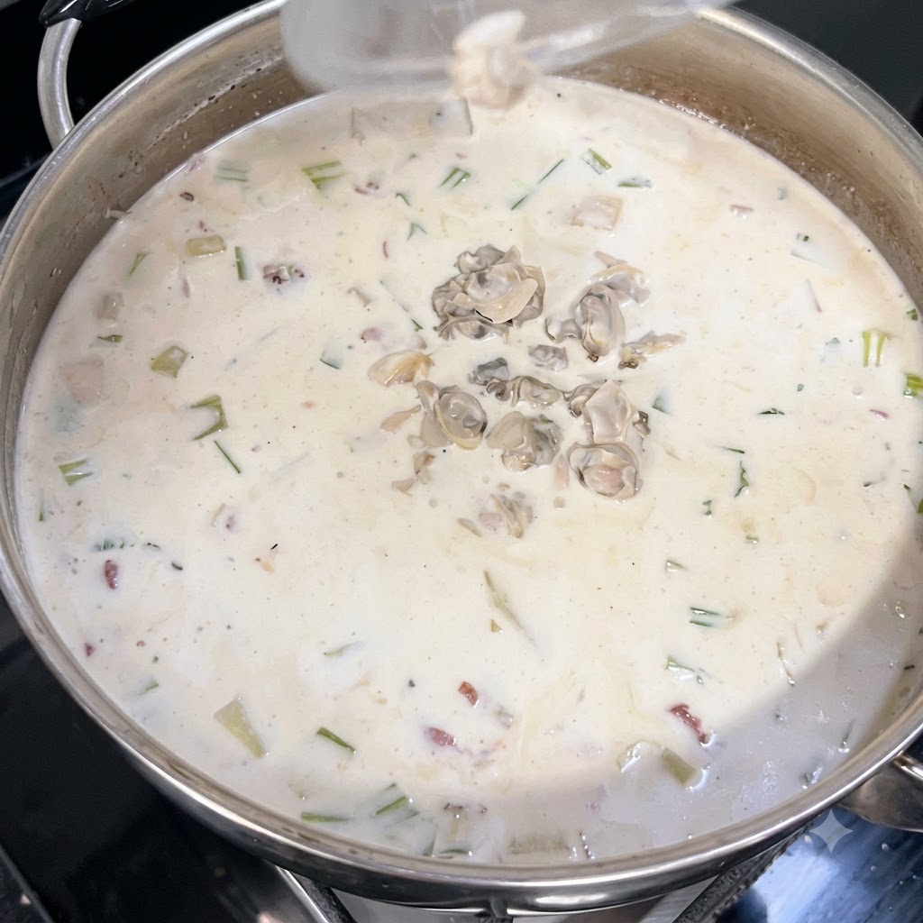 Trozos de carne de almeja picada cayendo en una olla grande llena de sopa blanca cremosa.