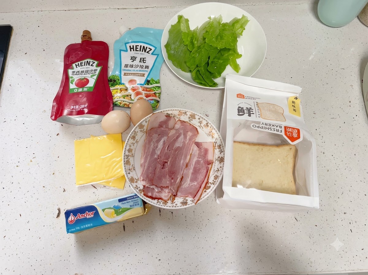 Una variedad de ingredientes para sándwich dispuestos ordenadamente en una encimera de cocina blanca.