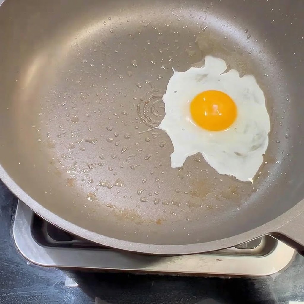 Un solo huevo cascado friéndose en una sartén antiadherente con pequeñas gotas de aceite alrededor.