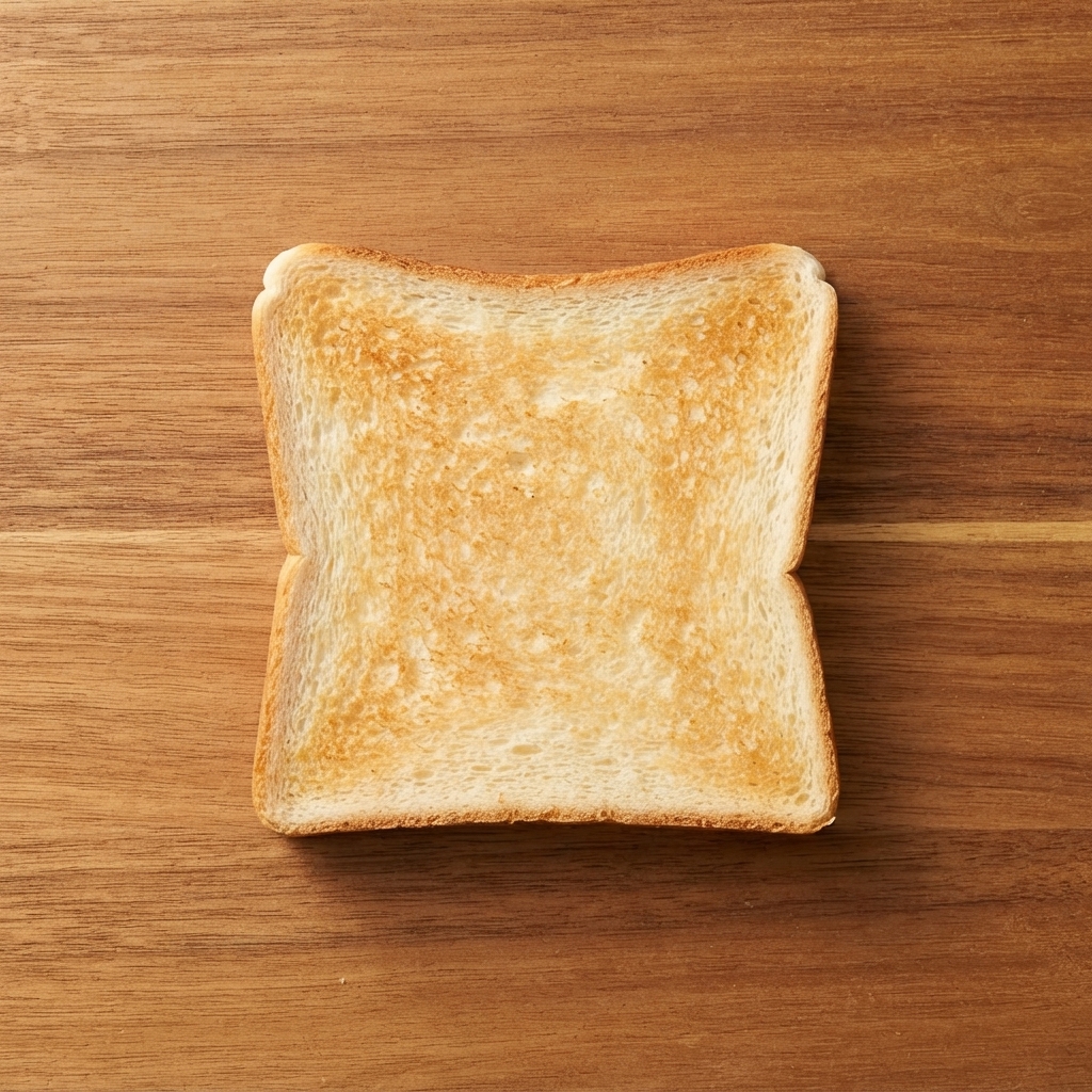 Una sola rebanada cuadrada de pan tostado dorado centrada sobre una superficie de madera.
