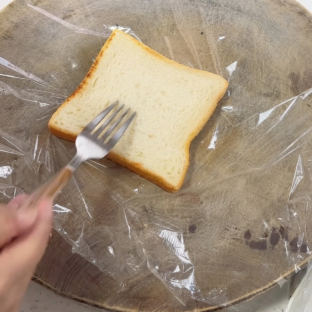 Una mano usando un tenedor de metal para esparcir salsa sobre un trozo de pan colocado en una hoja de plástico.
