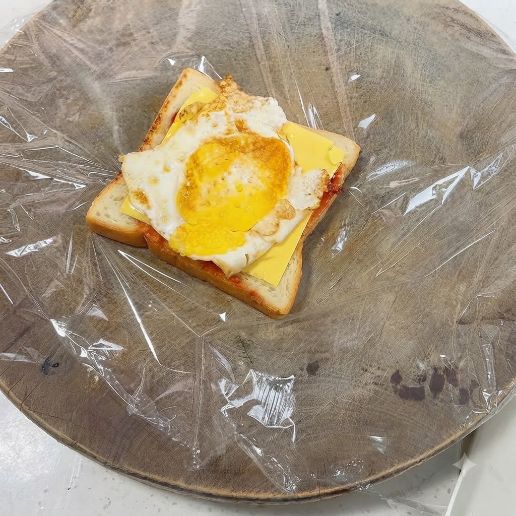 Un huevo frito colocado encima de una rebanada de queso amarillo sobre pan tostado.
