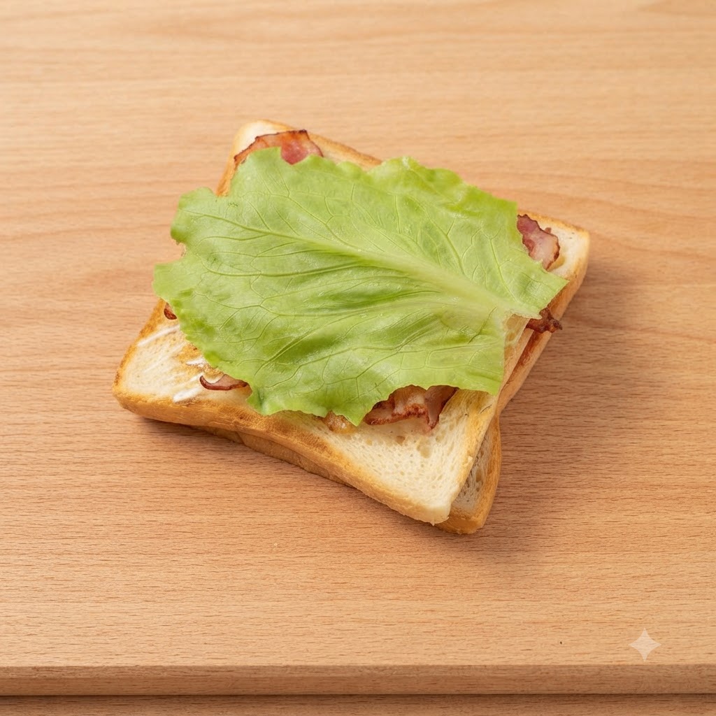 Una hoja de lechuga verde fresca colocada en la parte superior del tocino.